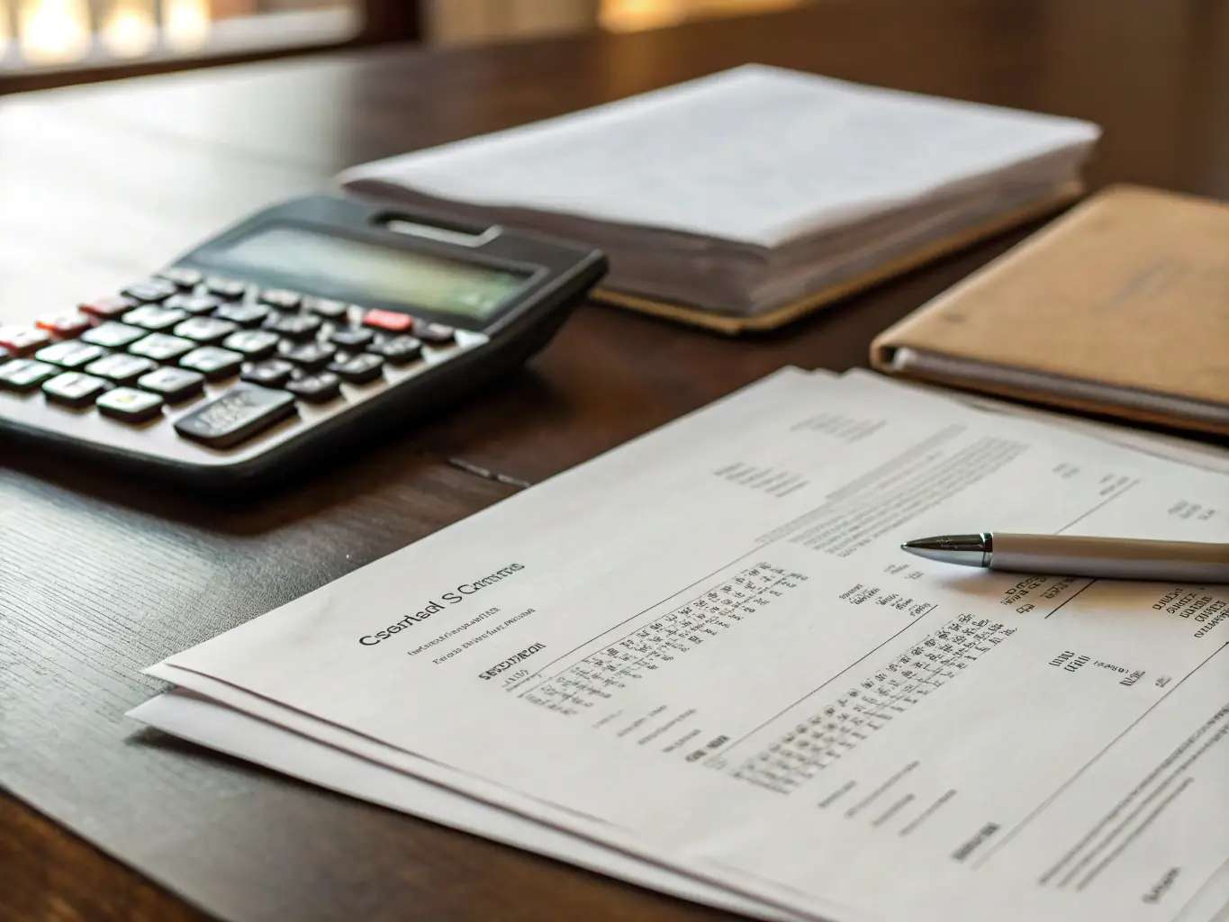 An image of a payroll check being issued, with a calculator and tax documents nearby.