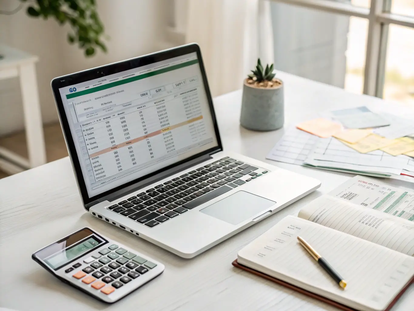 An image of financial documents, a calculator, and a laptop displaying financial data, symbolizing organized bookkeeping.